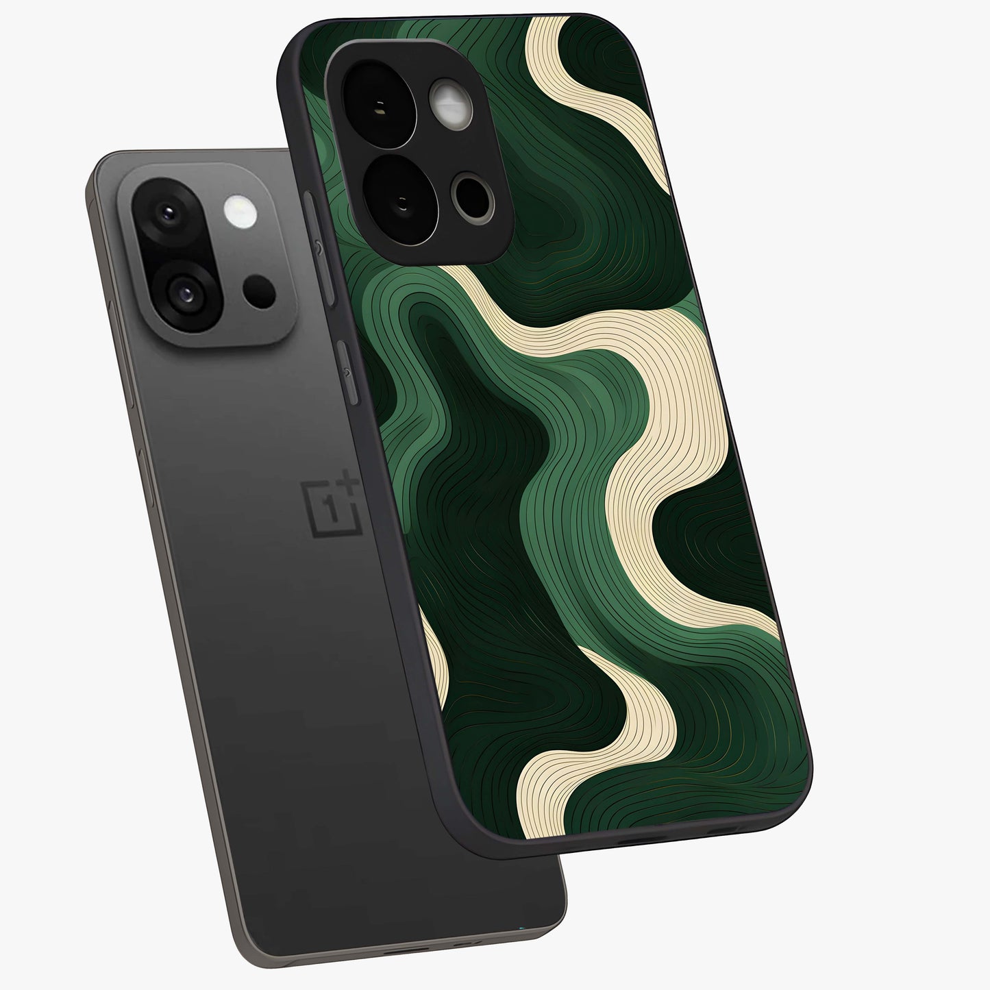 Organic Swirl Design Glass Case for 1+13S angled mockup showcasing glossy finish and smooth gradient tones