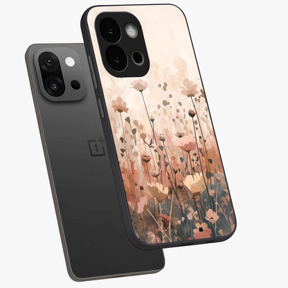 Pastel Wildflowers Glass Case for 1+13S angled mockup showcasing glossy finish and fresh floral detailing