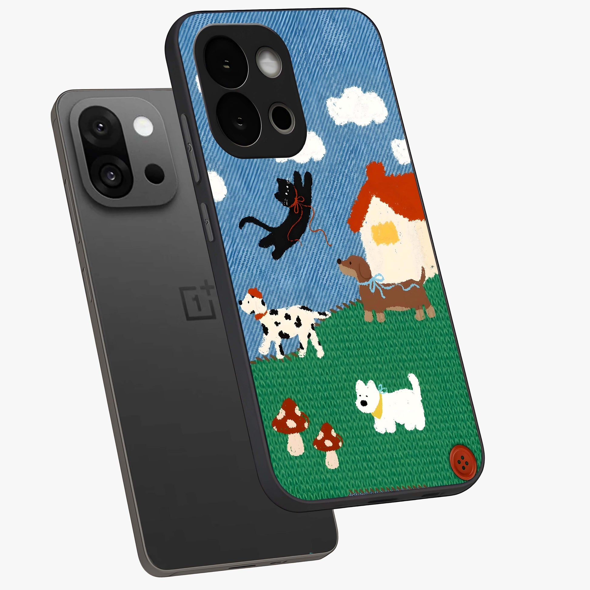 Pet Adventures Glass Case for 1+13S angled mockup showcasing glossy finish and vibrant cartoon tones