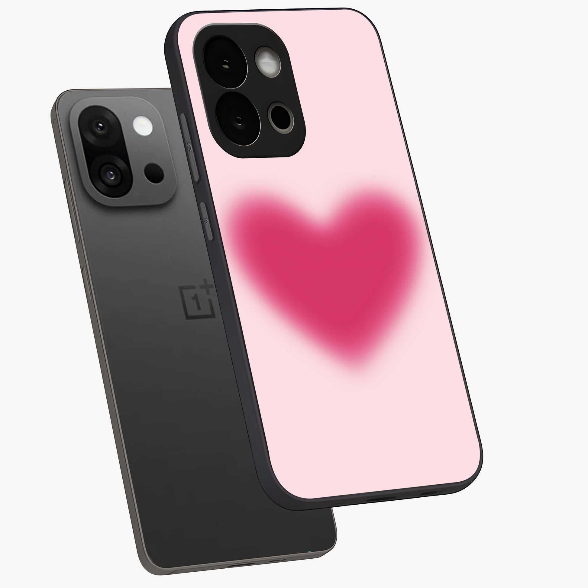 Pink Aura Heart Glass Case for 1+13S angled mockup showcasing glossy glass finish and radiant aura detailing