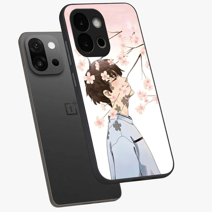 Pink Blossom Boy Glass Case for 1+13S angled mockup showcasing glossy finish and soft bloom tones