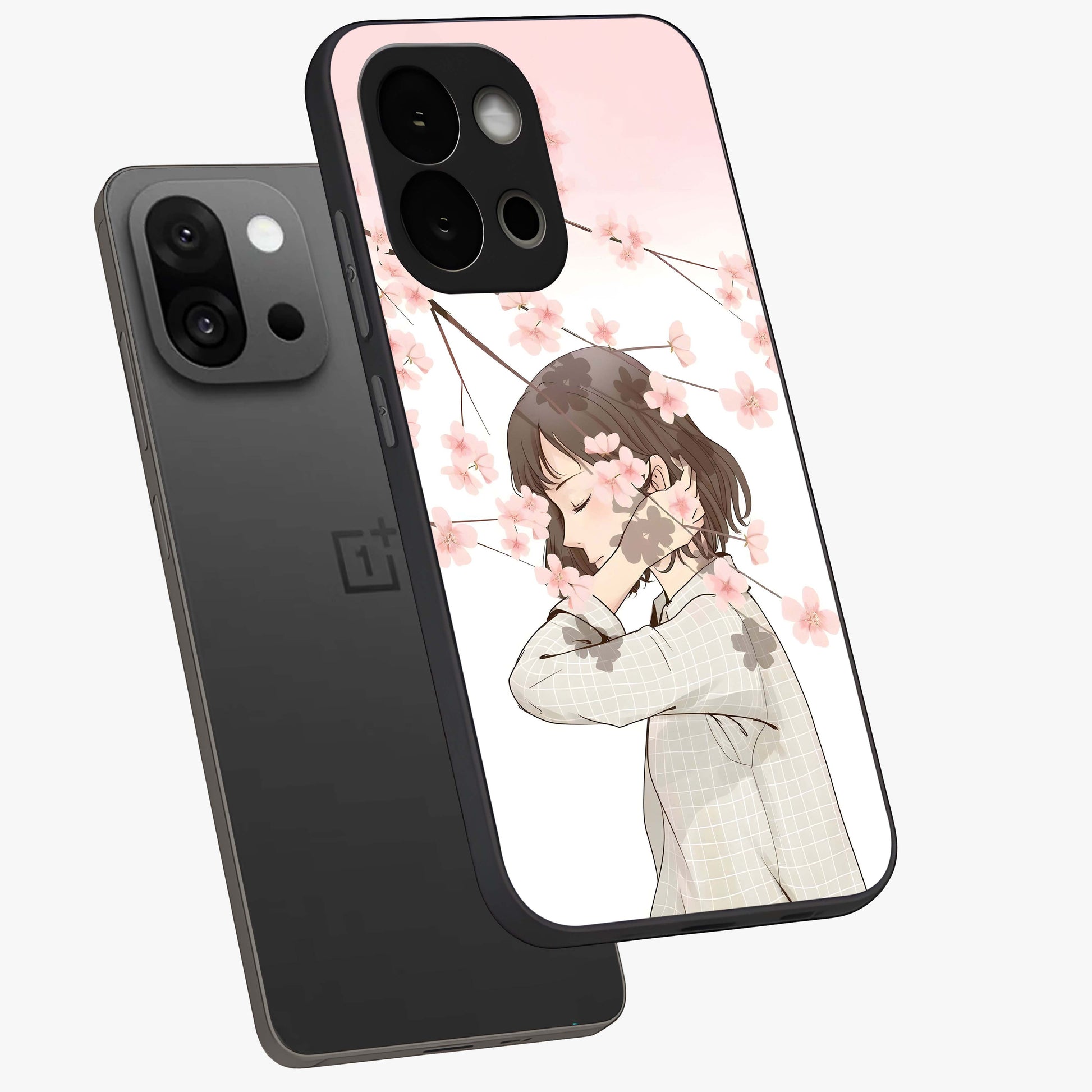 Pink Blossom Girl Glass Case for 1+13S angled mockup showcasing glossy finish and pastel floral detailing