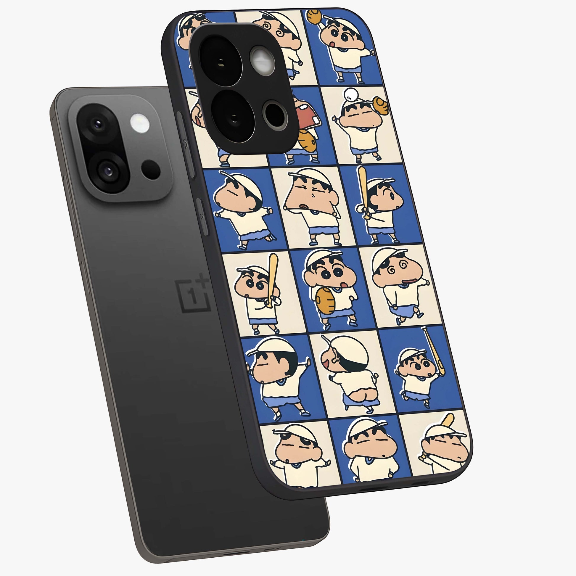 Playful Shin Swing Glass Case for 1+13S angled mockup showcasing glossy finish and vibrant cartoon detailing