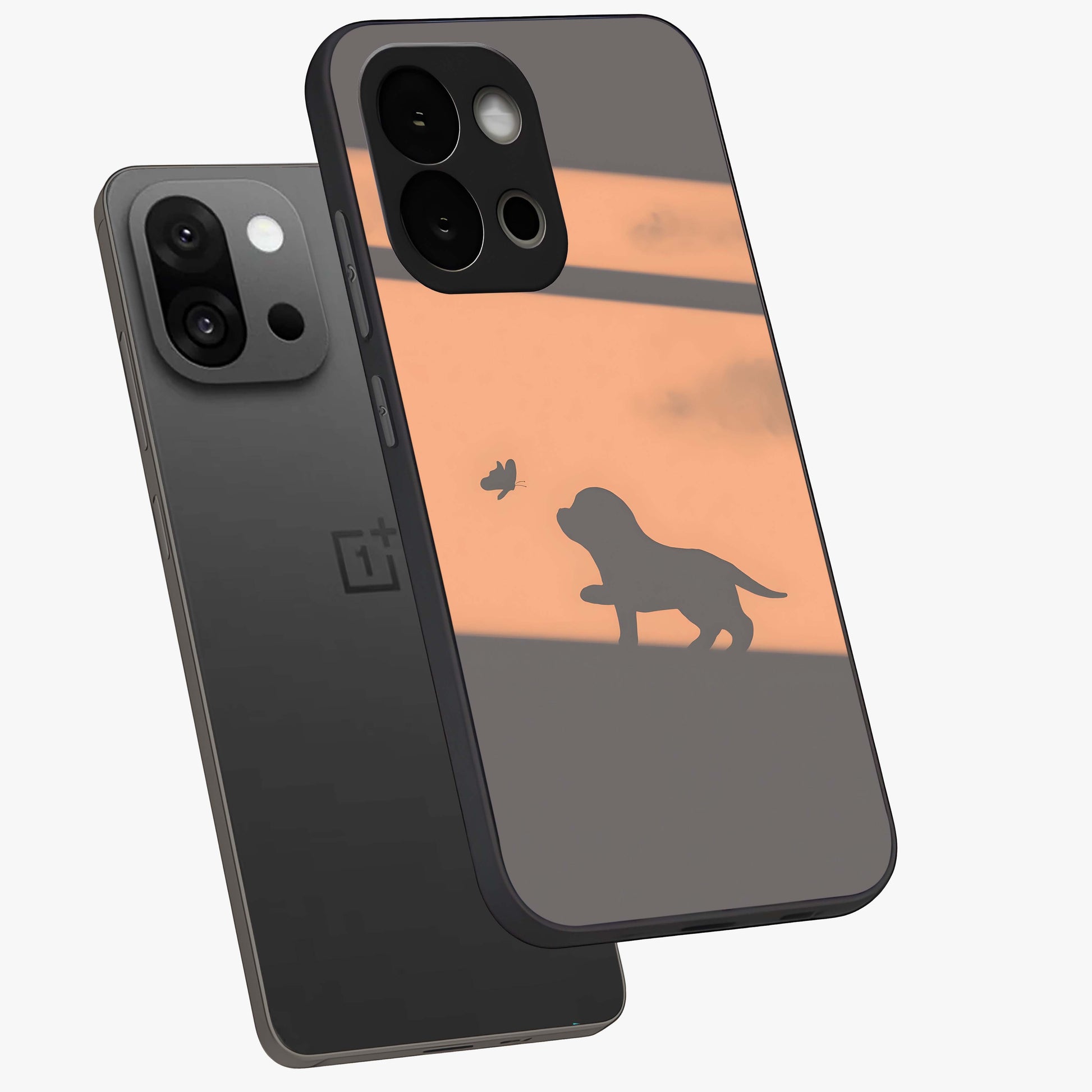 Puppy Shadow Art Glass Case for 1+13S angled mockup showcasing glossy finish and soft shadow detailing