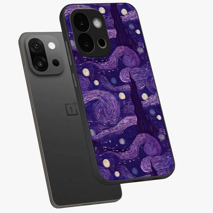 Purple Swirls Glass Case for 1+13S angled mockup showcasing glossy finish and smooth gradient detailing