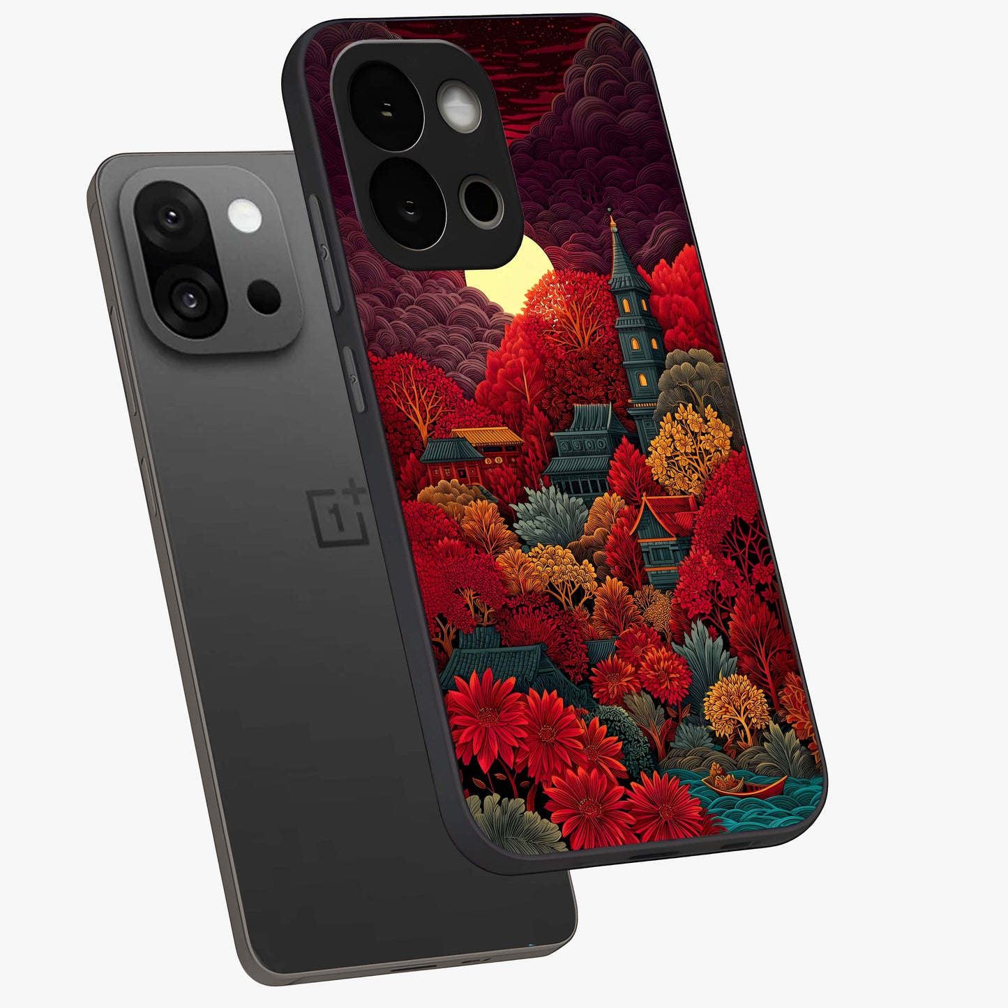 Red Scenery Hot Glass Case for 1+13S angled mockup showcasing glossy finish and intense sunset tones