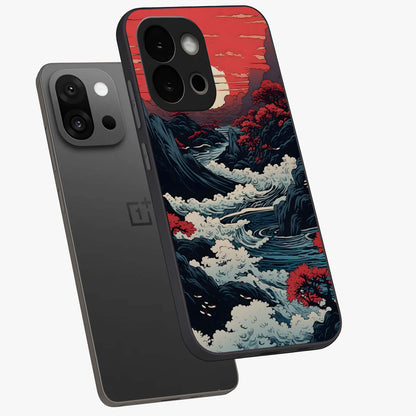 Red Sunset Scenery Glass Case for 1+13S angled mockup showcasing glossy finish and rich crimson tones