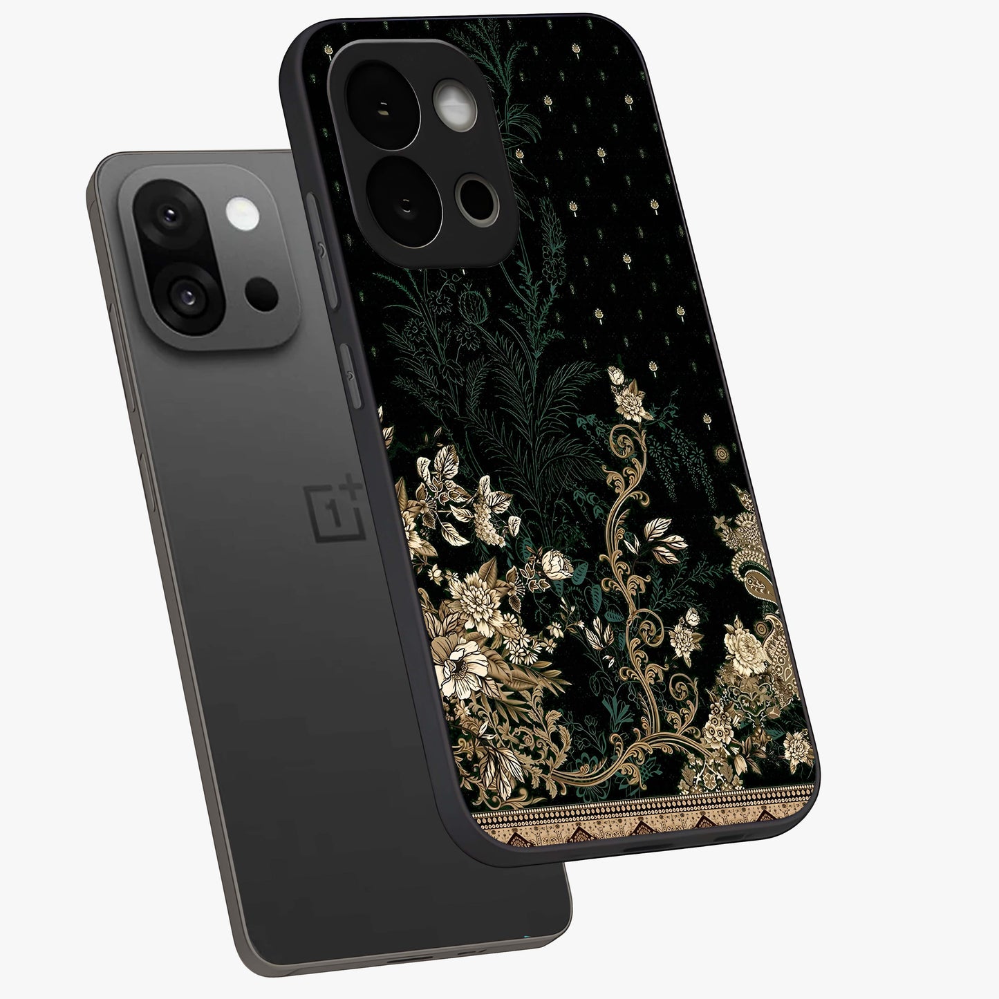 Regal Botanical Tapestry Glass Case for 1+13S angled mockup showcasing glossy finish and rich heritage tones