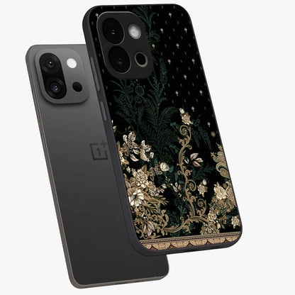 Regal Botanical Tapestry Glass Case for 1+13S angled mockup showcasing glossy finish and rich heritage tones