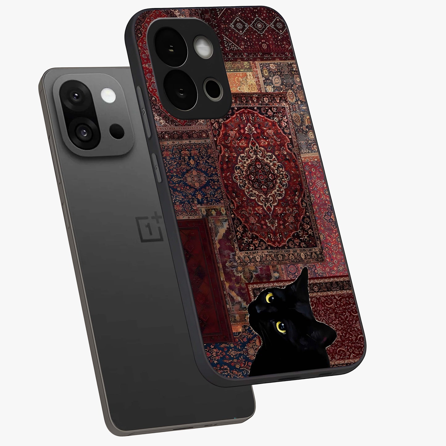 Regal Magic Cat Apple Glass Case for 1+13S angled mockup showcasing glossy finish and vibrant illustration detailing