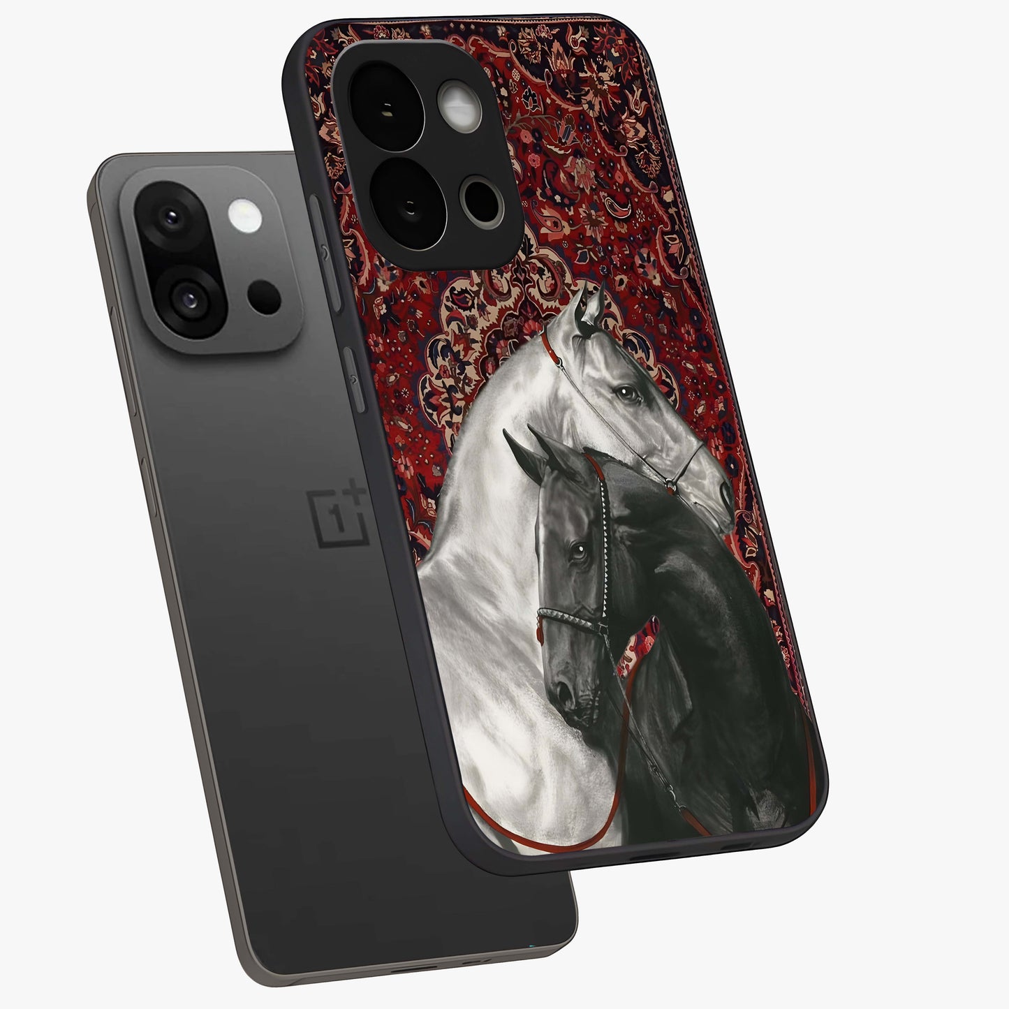 Regal Stallion Tapestry Glass Case for 1+13S angled mockup showcasing glossy finish and rich ornamental tones