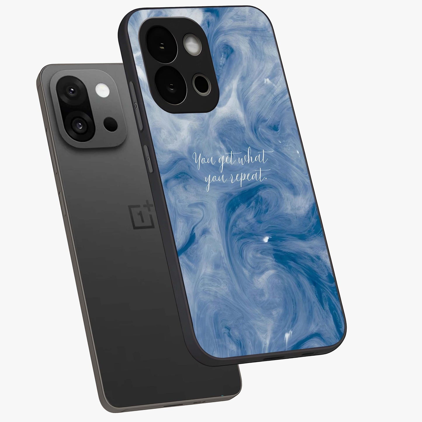 Repeat Your Destiny Glass Case for 1+13S angled mockup showcasing glossy finish and clean modern detailing