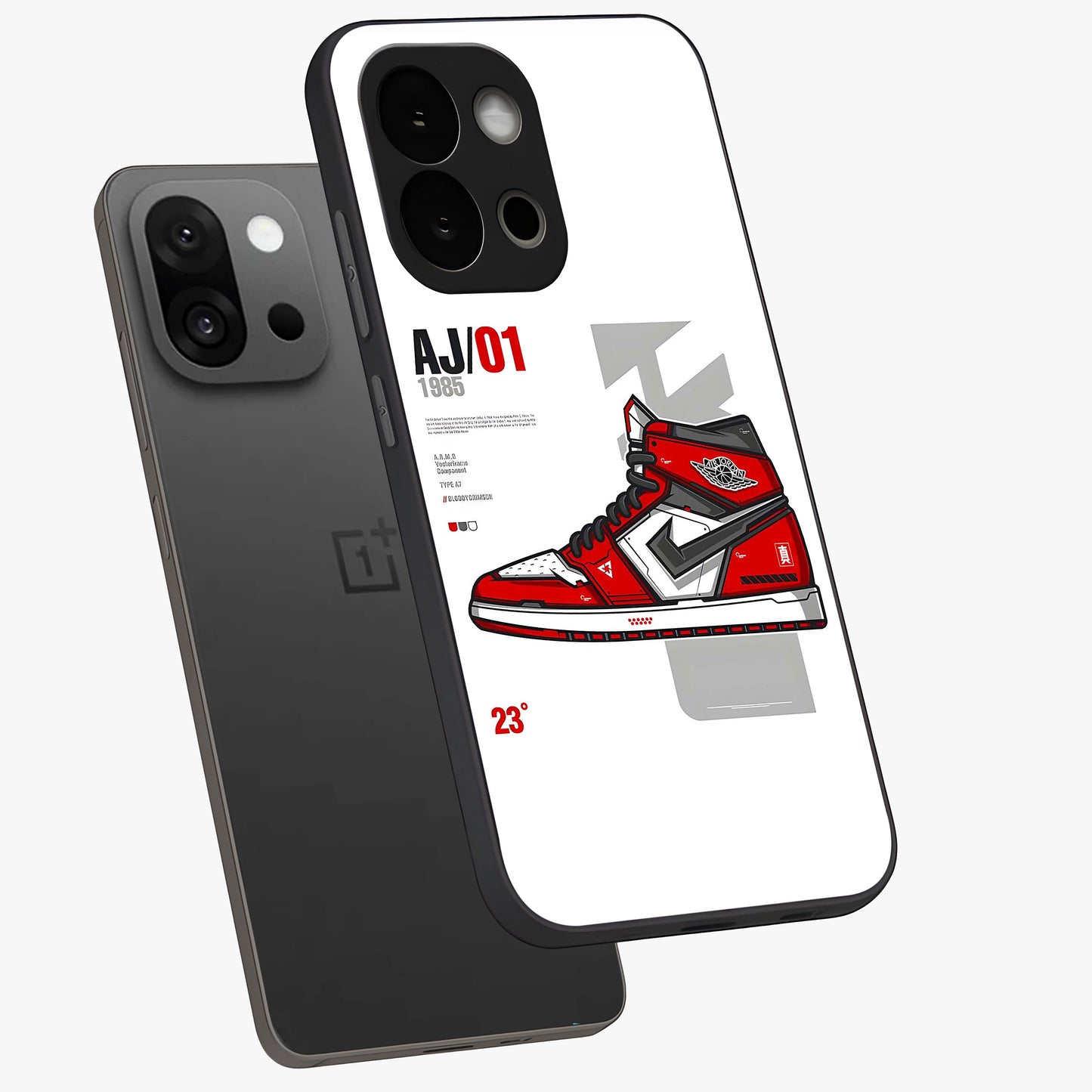 Retro Sneaker Blueprint Glass Case for 1+13S angled mockup showcasing glossy finish and sporty retro detailing