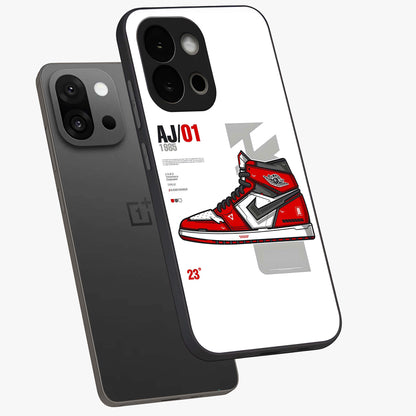 Retro Sneaker Blueprint Glass Case for 1+13S angled mockup showcasing glossy finish and sporty retro detailing