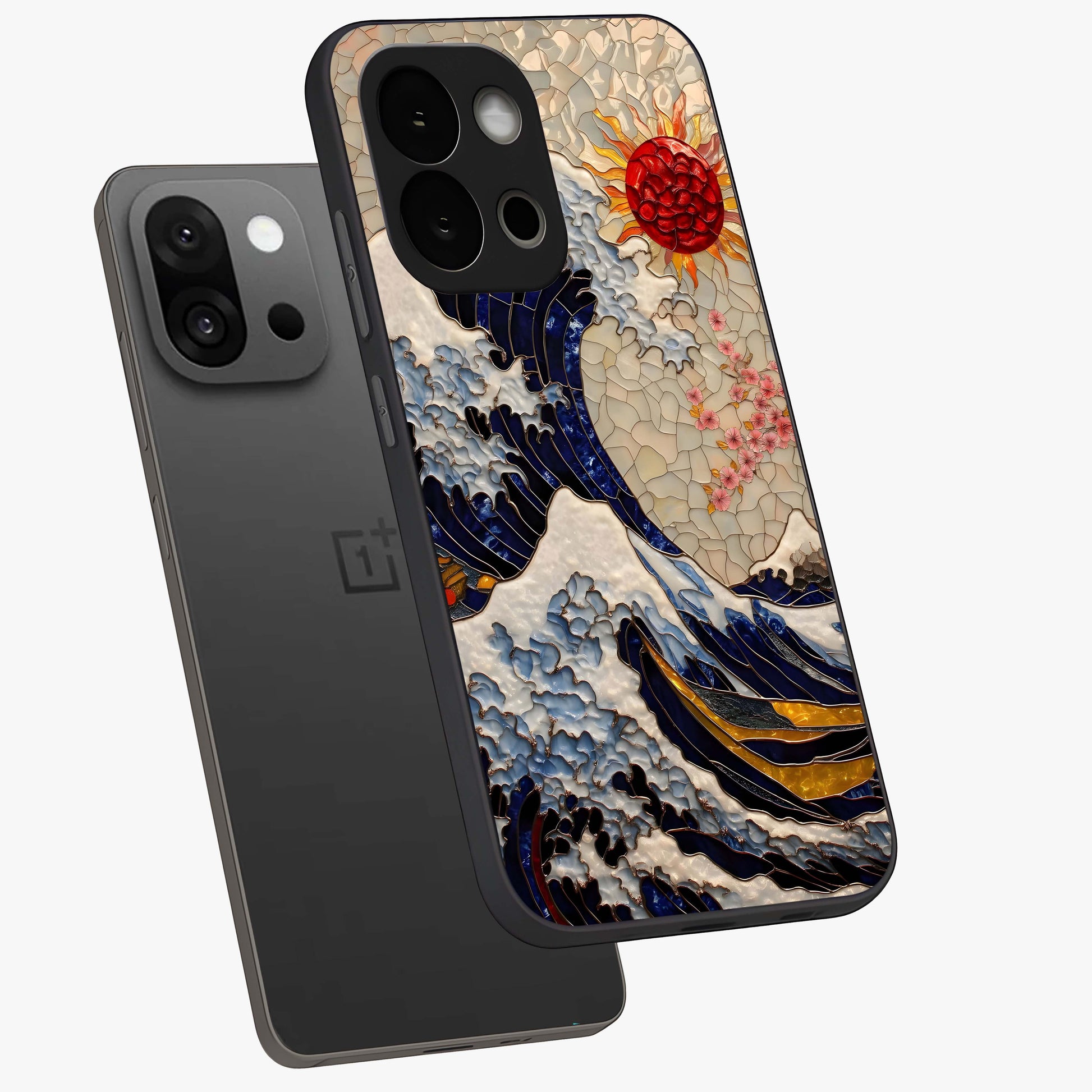 Rising Wave Glory Glass Case for 1+13S angled mockup showcasing glossy finish and bold ocean tones