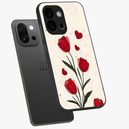 Romantic Tulip Hearts Glass Case for 1+13S angled mockup showcasing glossy glass finish and soft romantic tones