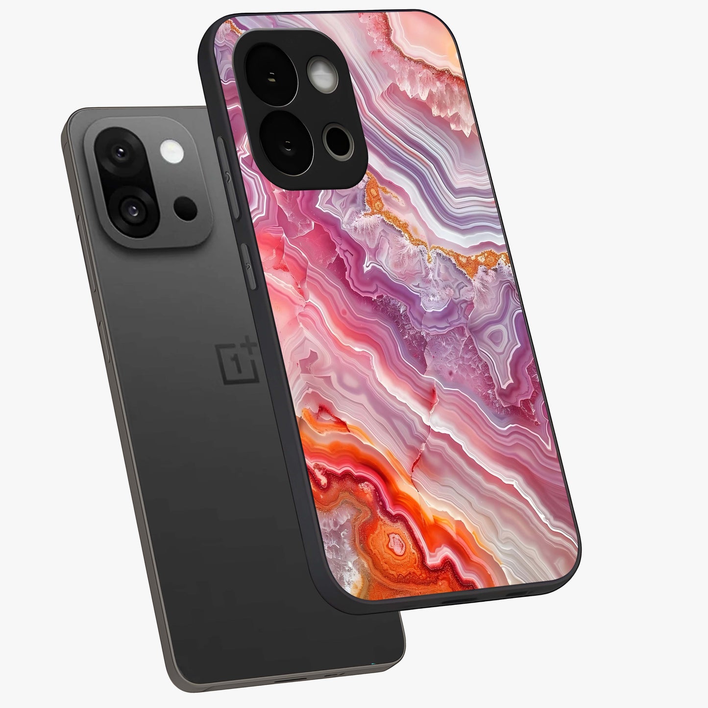 Rose Quartz Marble Glass Case for 1+13S angled mockup showcasing glossy finish and smooth quartz detailing