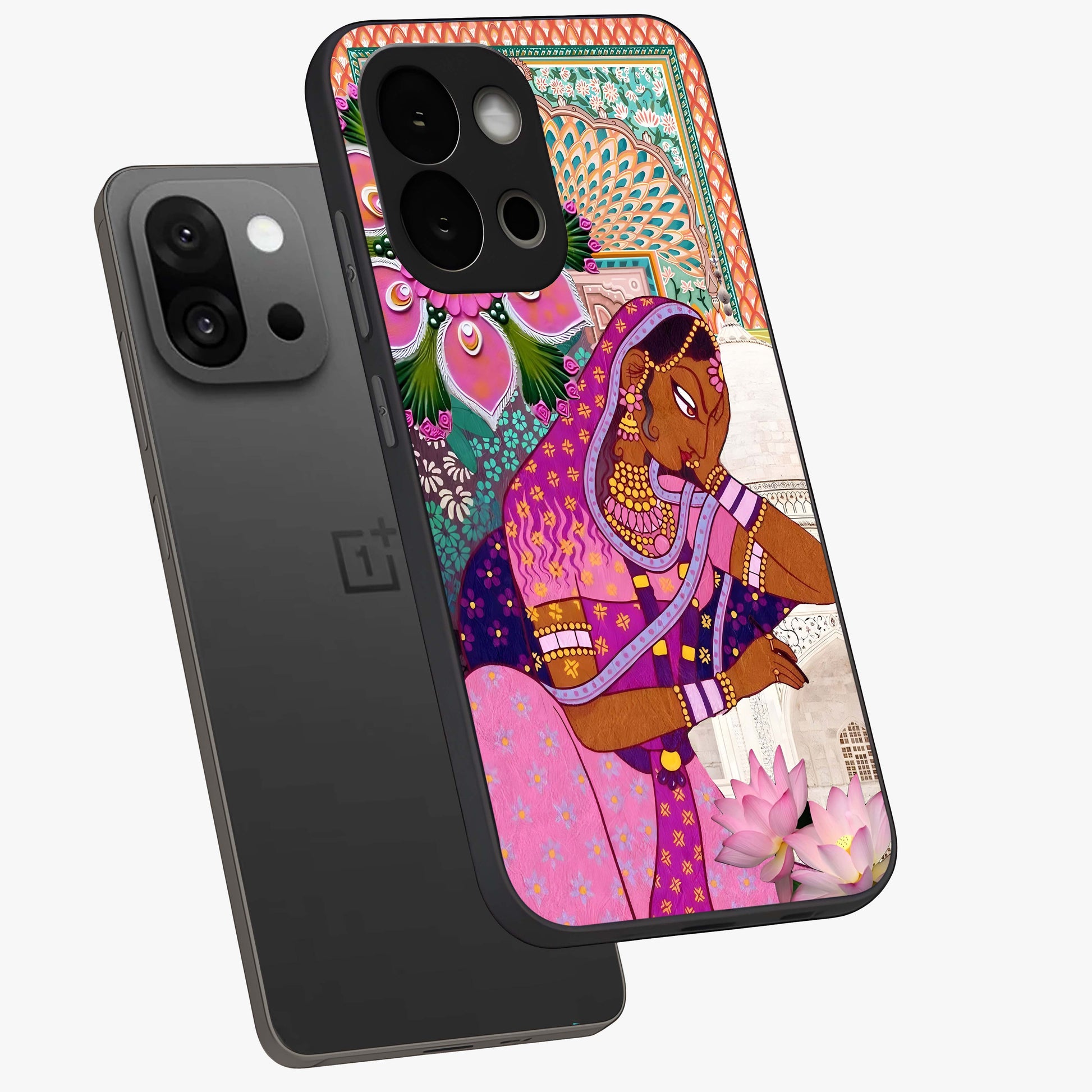 Royal Lotus Muse Glass Case for 1+13S angled mockup showcasing glossy finish and refined floral tones