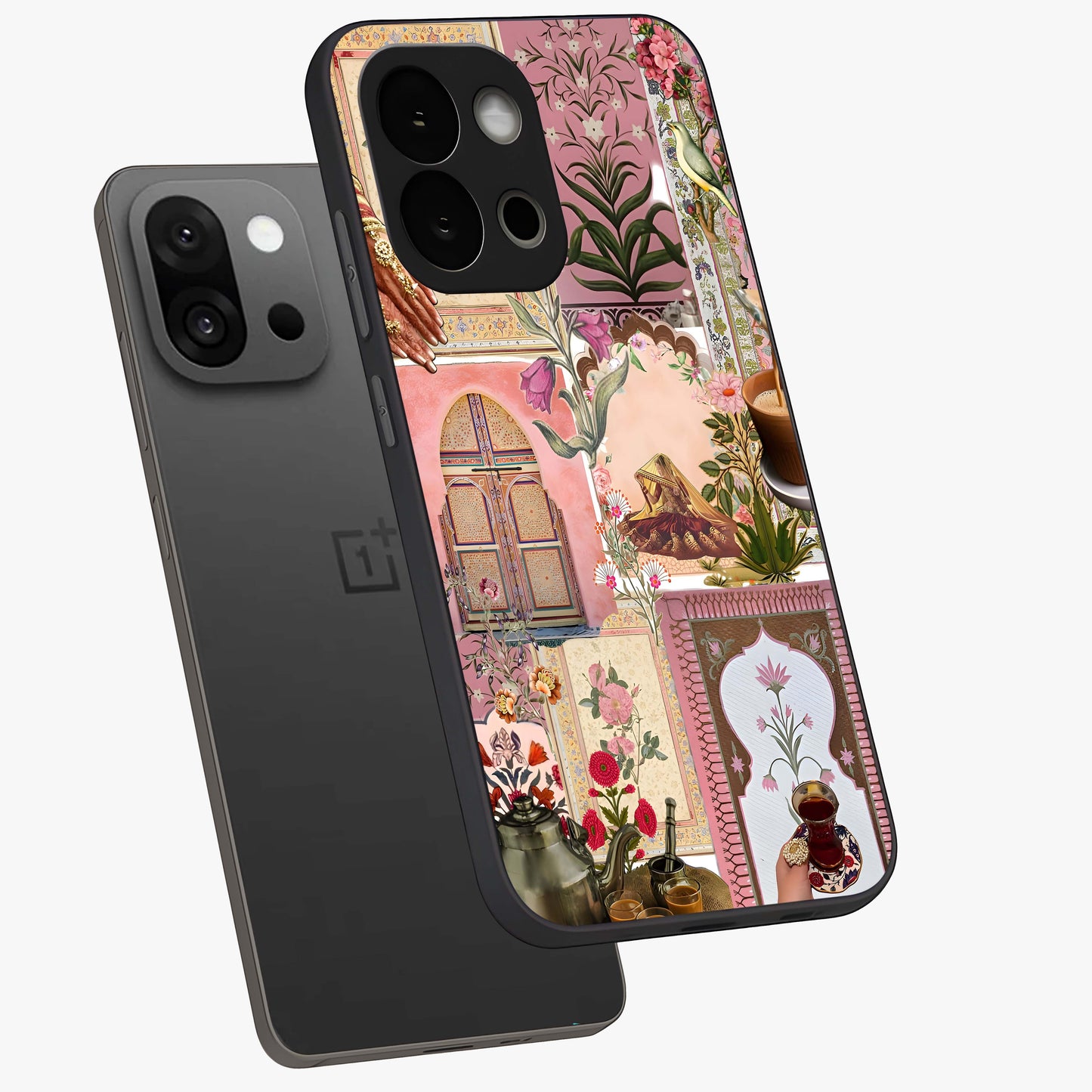 Royal Pink Legacy Glass Case for 1+13S angled mockup showcasing glossy finish and refined pastel tones