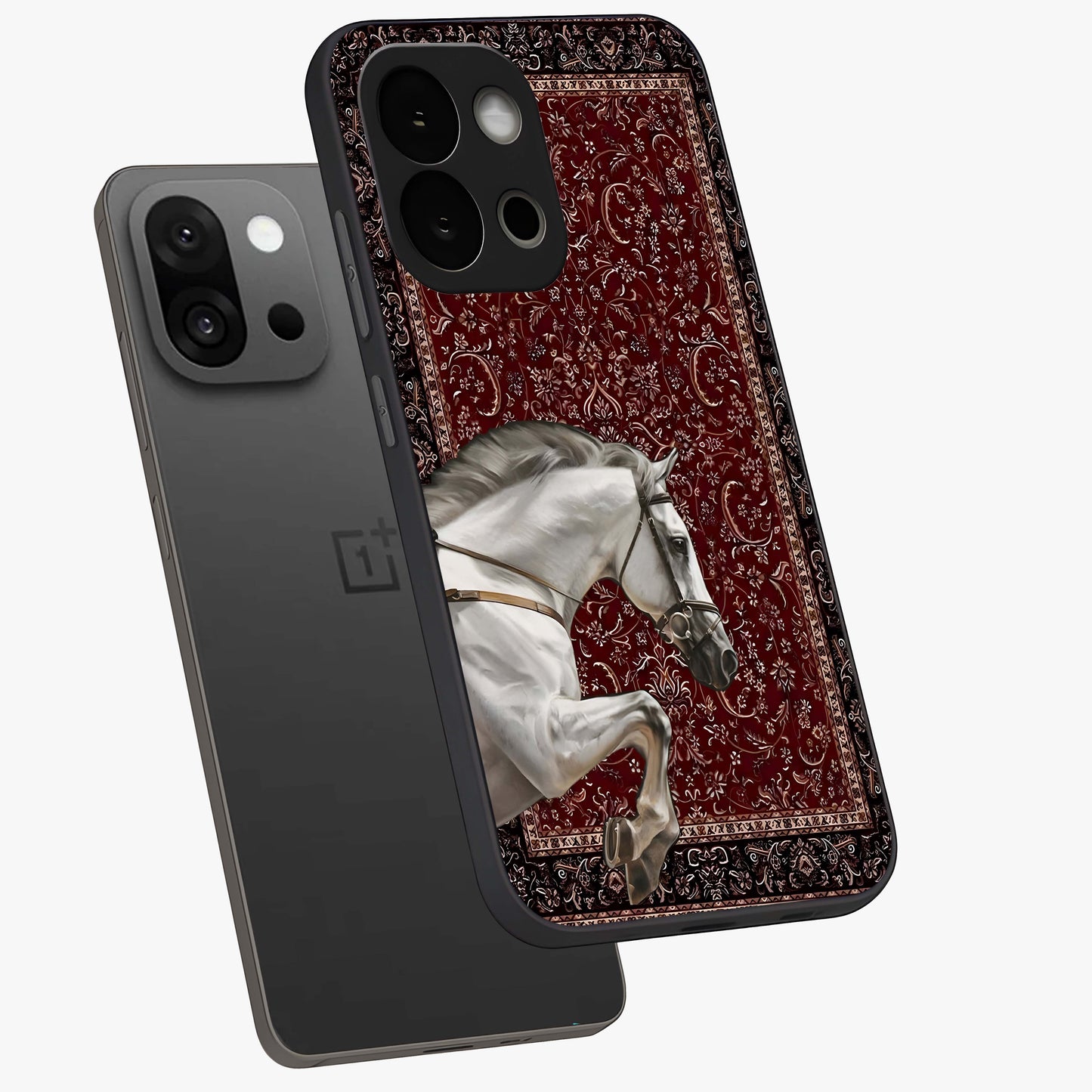 Royal Rider Tapestry Glass Case for 1+13S angled mockup showcasing glossy finish and heritage inspired detailing