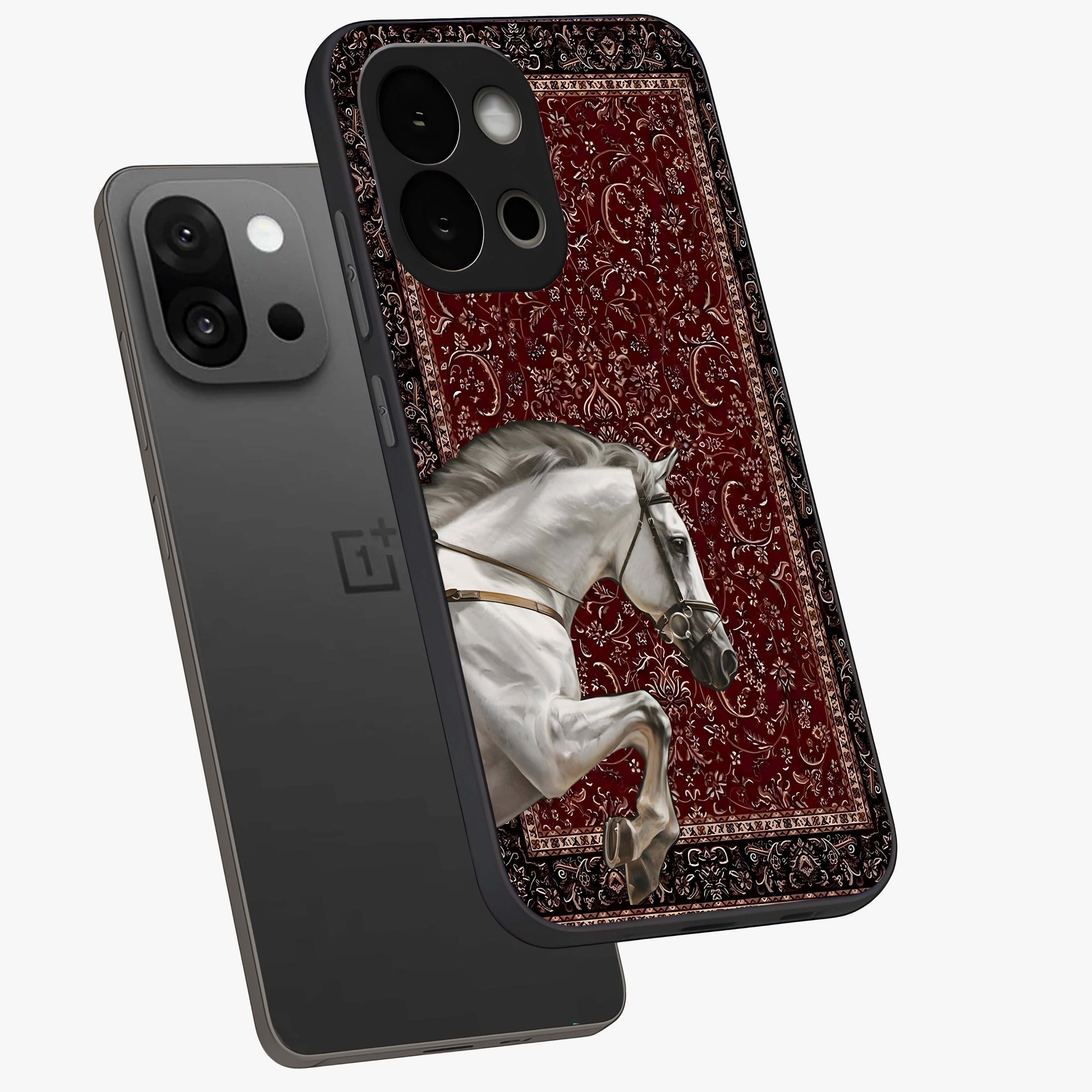Royal Rider Tapestry Glass Case for 1+13S angled mockup showcasing glossy finish and heritage inspired detailing