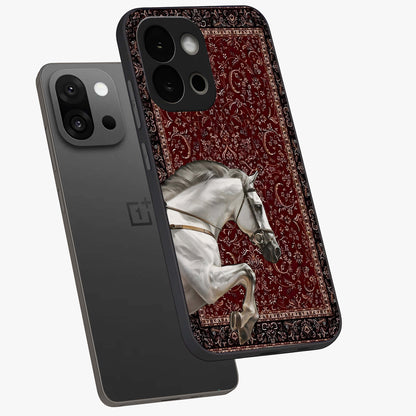 Royal Rider Tapestry Glass Case for 1+13S angled mockup showcasing glossy finish and heritage inspired detailing
