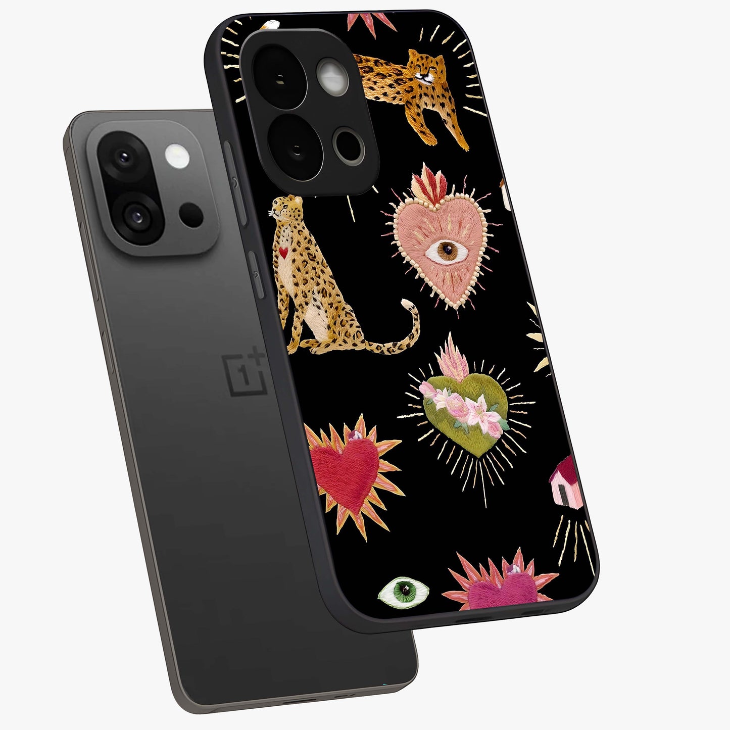 Sacred Jungle Heart Glass Case for 1+13S angled mockup showcasing glossy finish and rich green tones