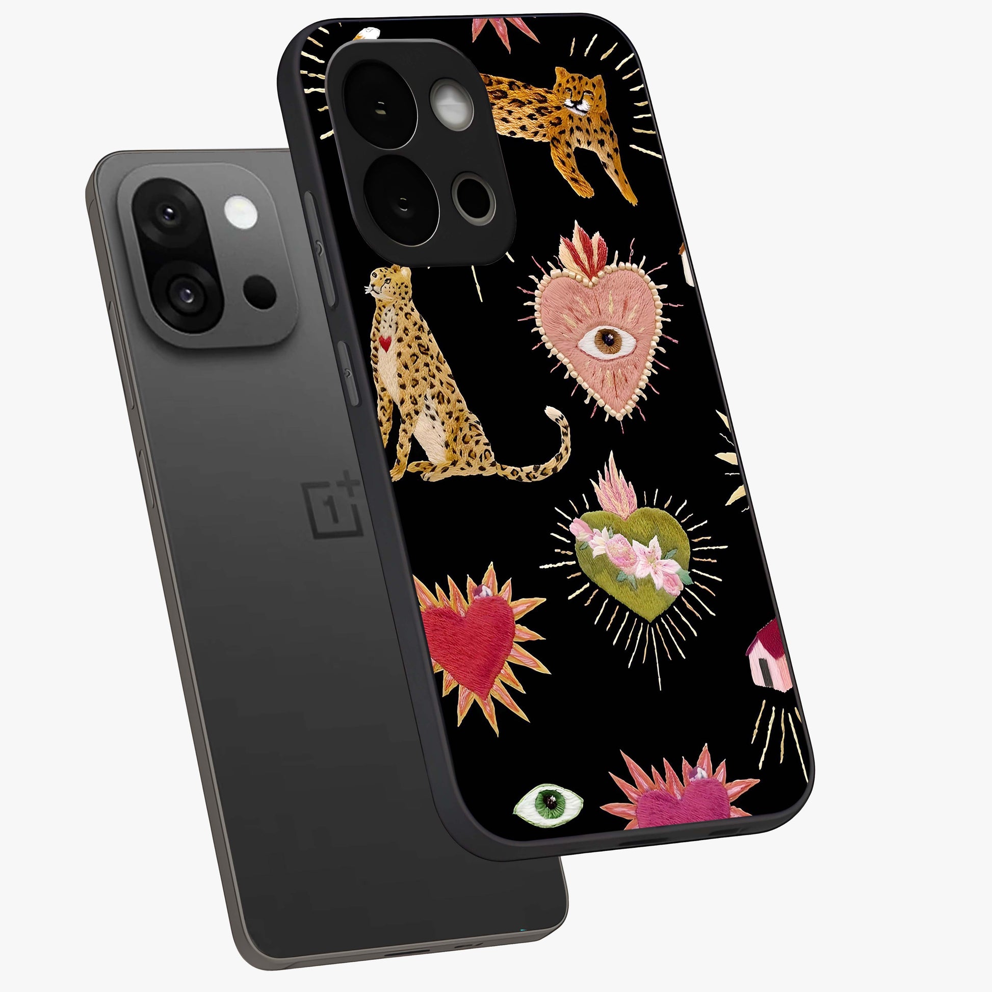 Sacred Jungle Heart Glass Case for 1+13S angled mockup showcasing glossy finish and rich green tones