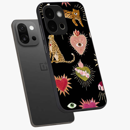 Sacred Jungle Heart Glass Case for 1+13S angled mockup showcasing glossy finish and rich green tones