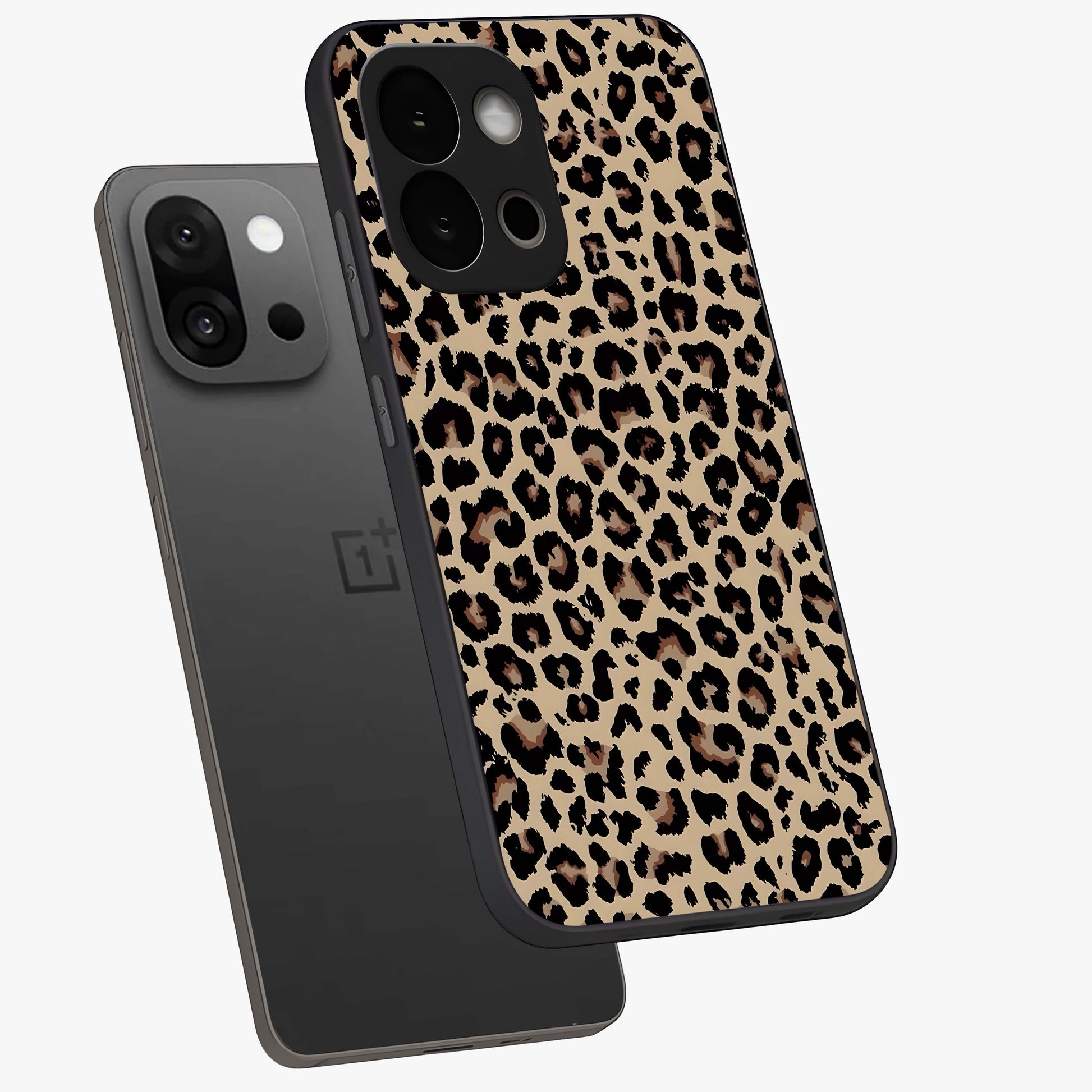 Savage Chic Pattern Glass Case for 1+13S angled mockup showcasing glossy finish and modern graphic detailing