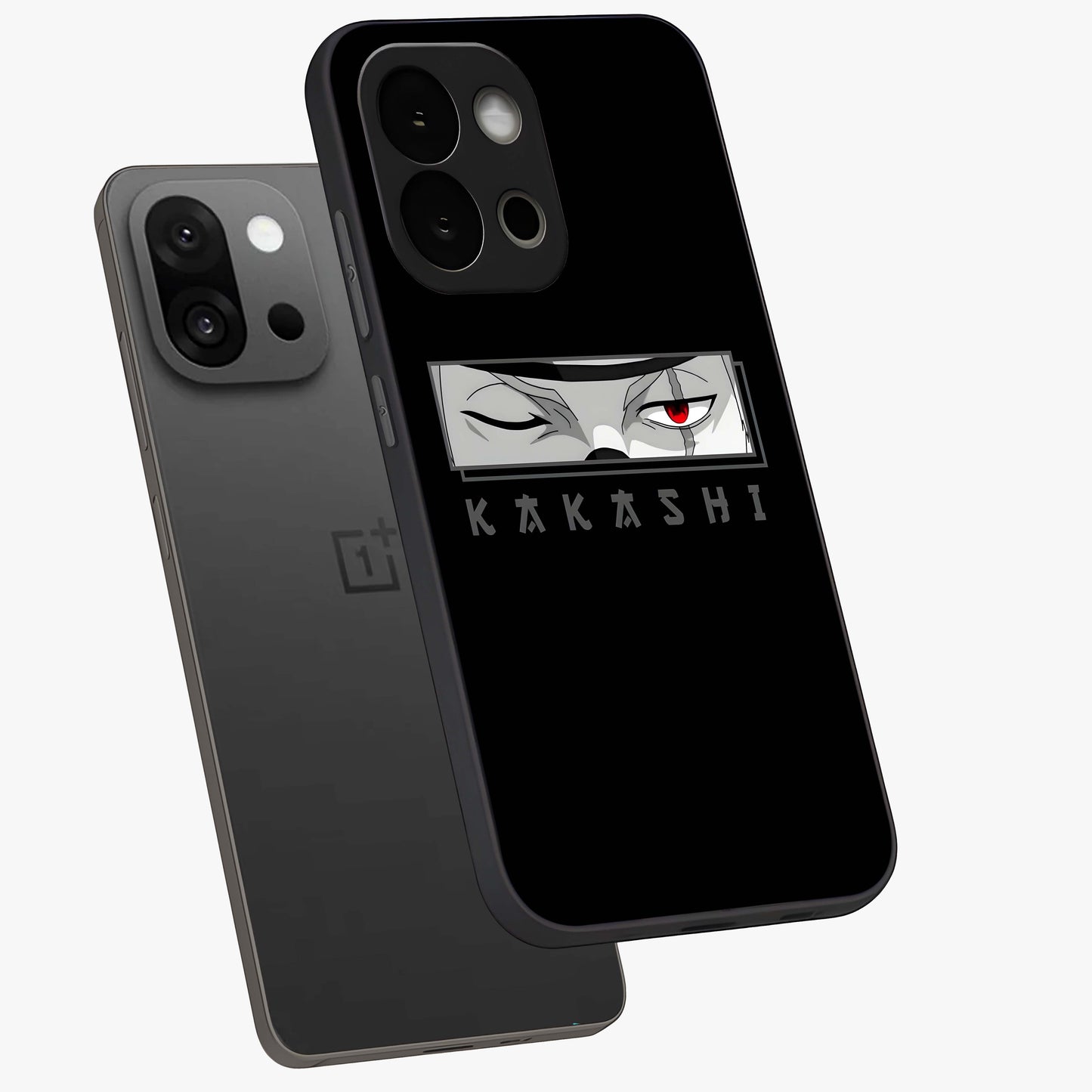 Scarlet Ninja Gaze Glass Case for 1+13S angled mockup showcasing glossy finish and sharp warrior detailing