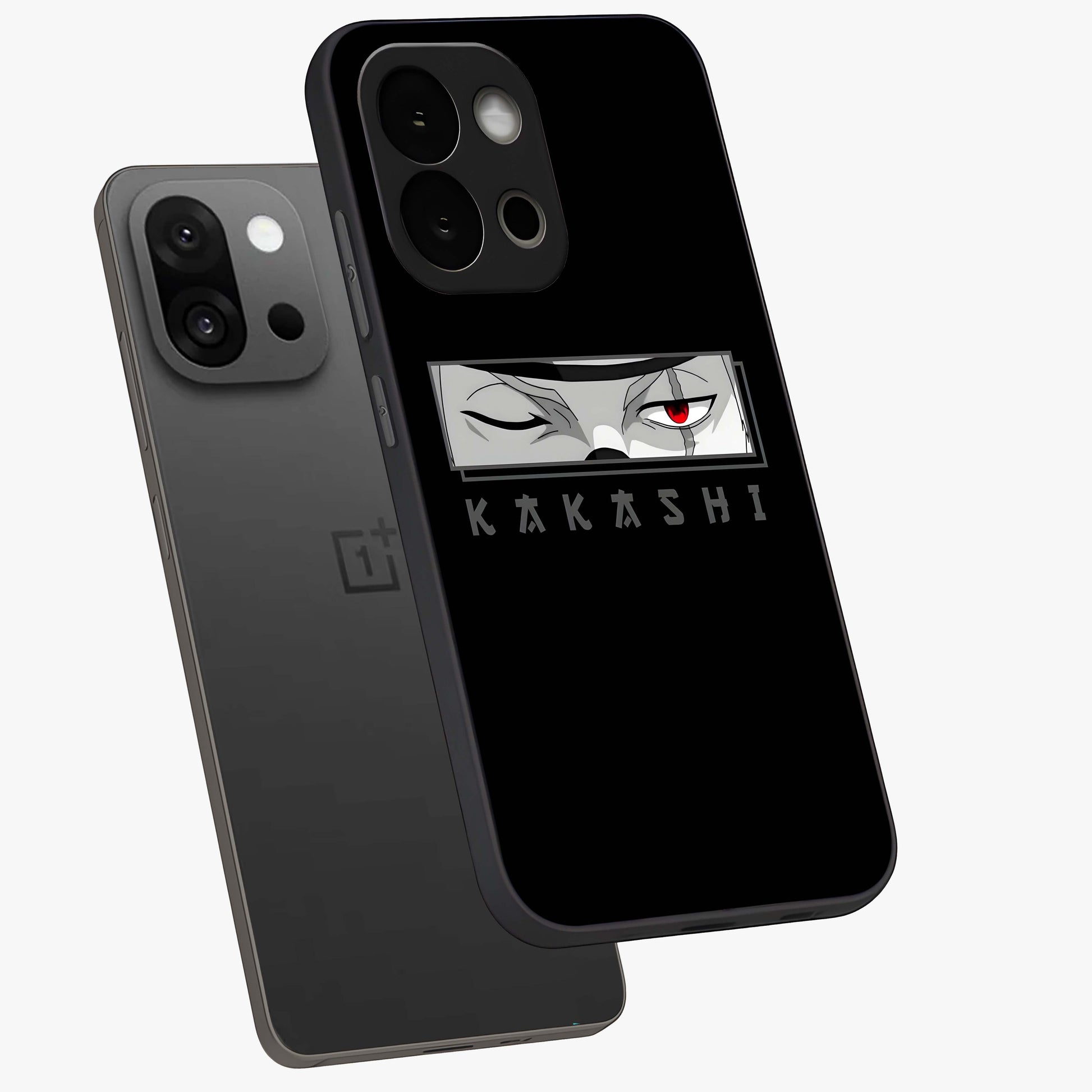 Scarlet Ninja Gaze Glass Case for 1+13S angled mockup showcasing glossy finish and sharp warrior detailing