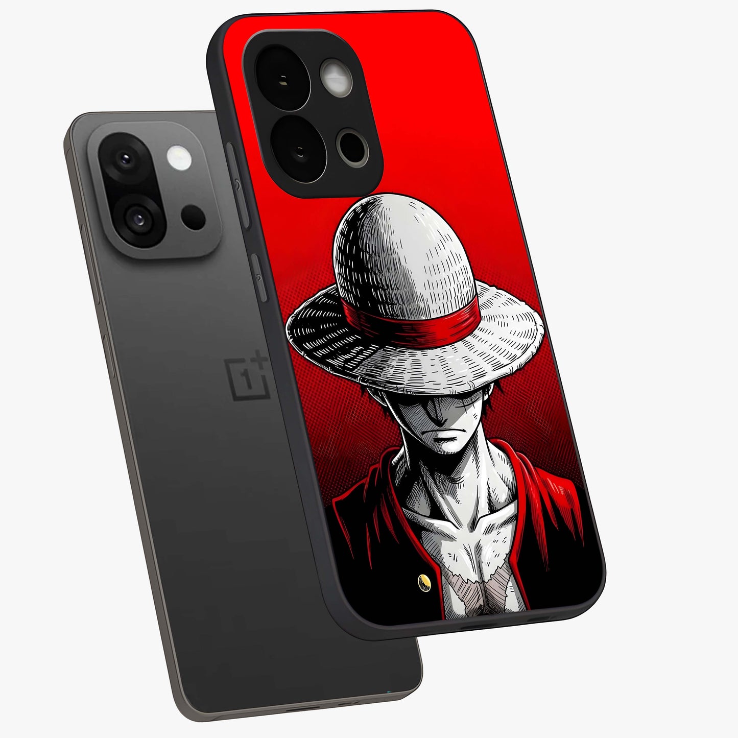 Scarlet Pirate Resolve Glass Case for 1+13S angled mockup showcasing glossy finish and dramatic adventurous tones