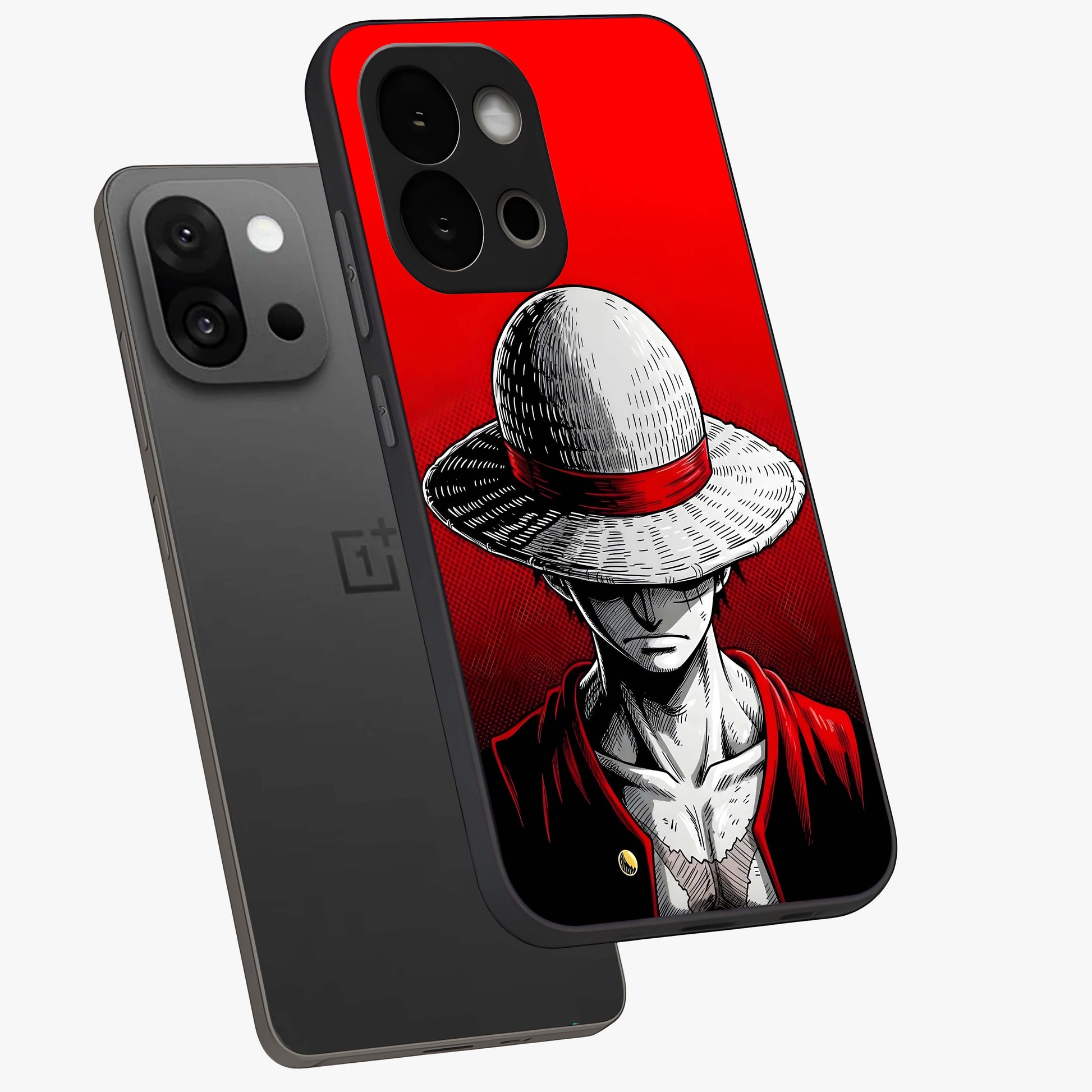 Scarlet Pirate Resolve Glass Case for 1+13S angled mockup showcasing glossy finish and dramatic adventurous tones