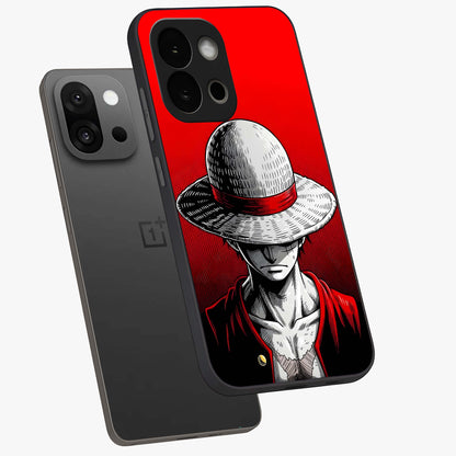Scarlet Pirate Resolve Glass Case for 1+13S angled mockup showcasing glossy finish and dramatic adventurous tones