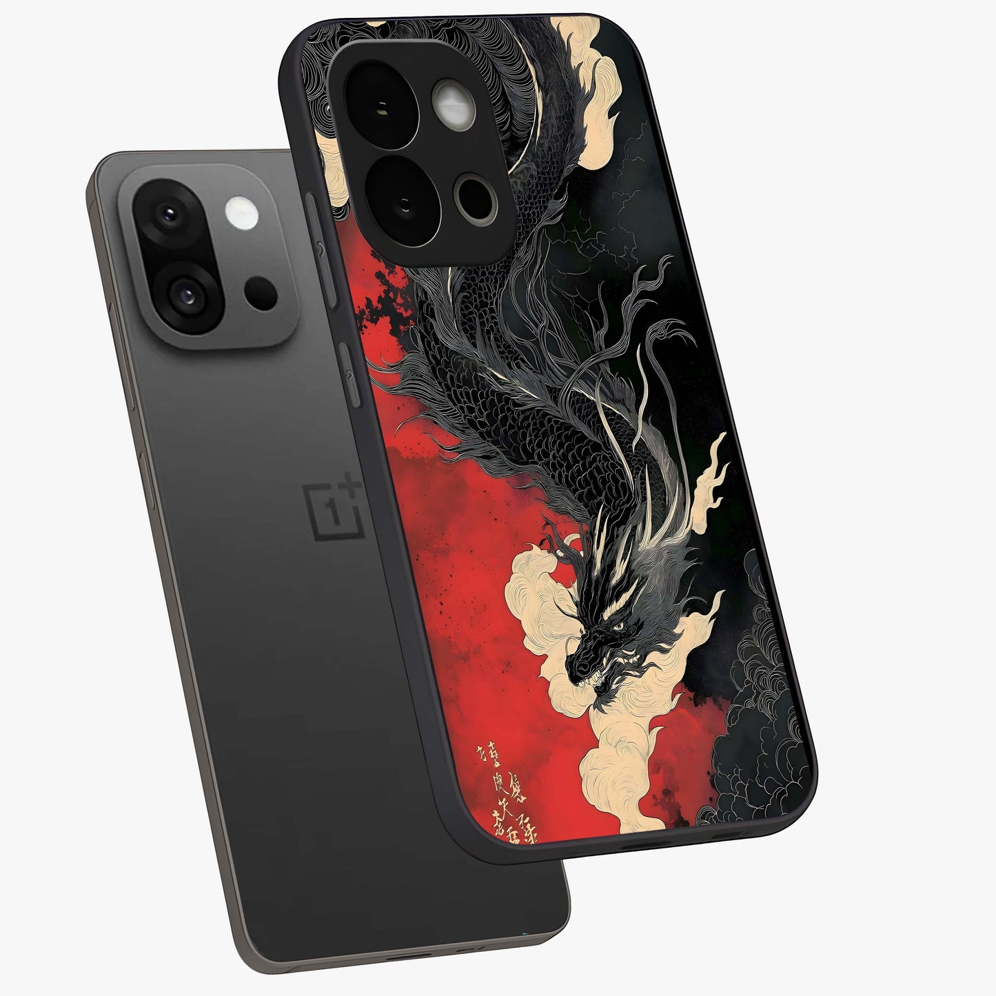 Shadow Dragon Fury Glass Case for 1+13S angled mockup showcasing glossy finish and powerful fantasy detailing