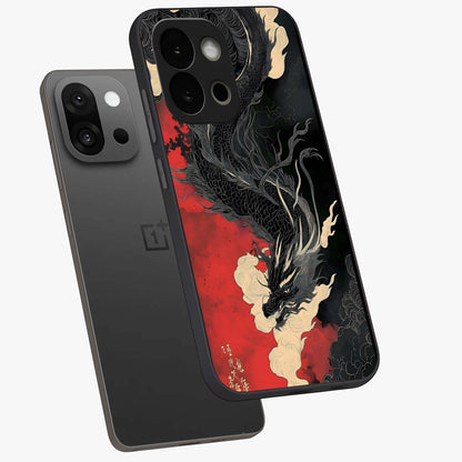 Shadow Dragon Fury Glass Case for 1+13S angled mockup showcasing glossy finish and powerful fantasy detailing
