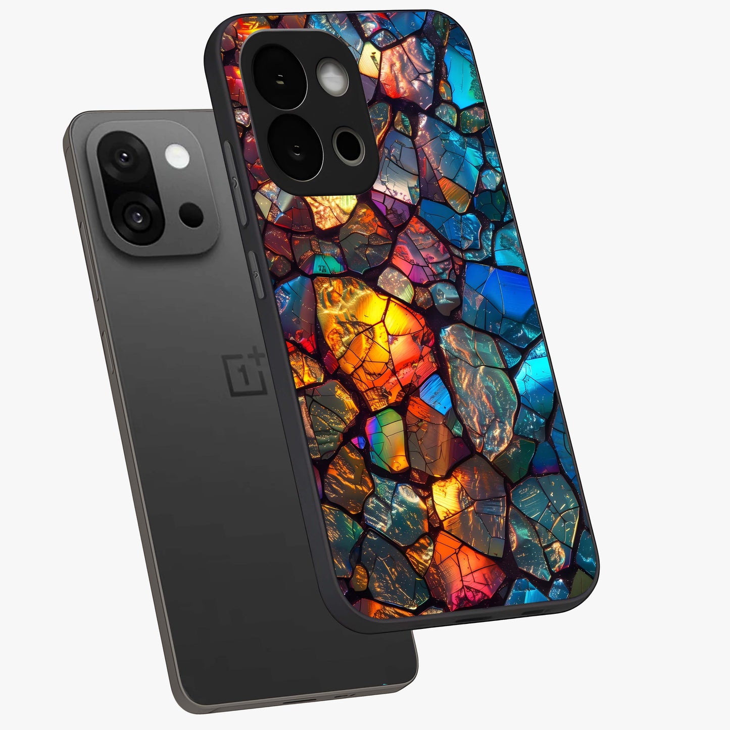 Shattered Light Glass Case for 1+13S angled mockup showcasing glossy finish and high contrast detailing