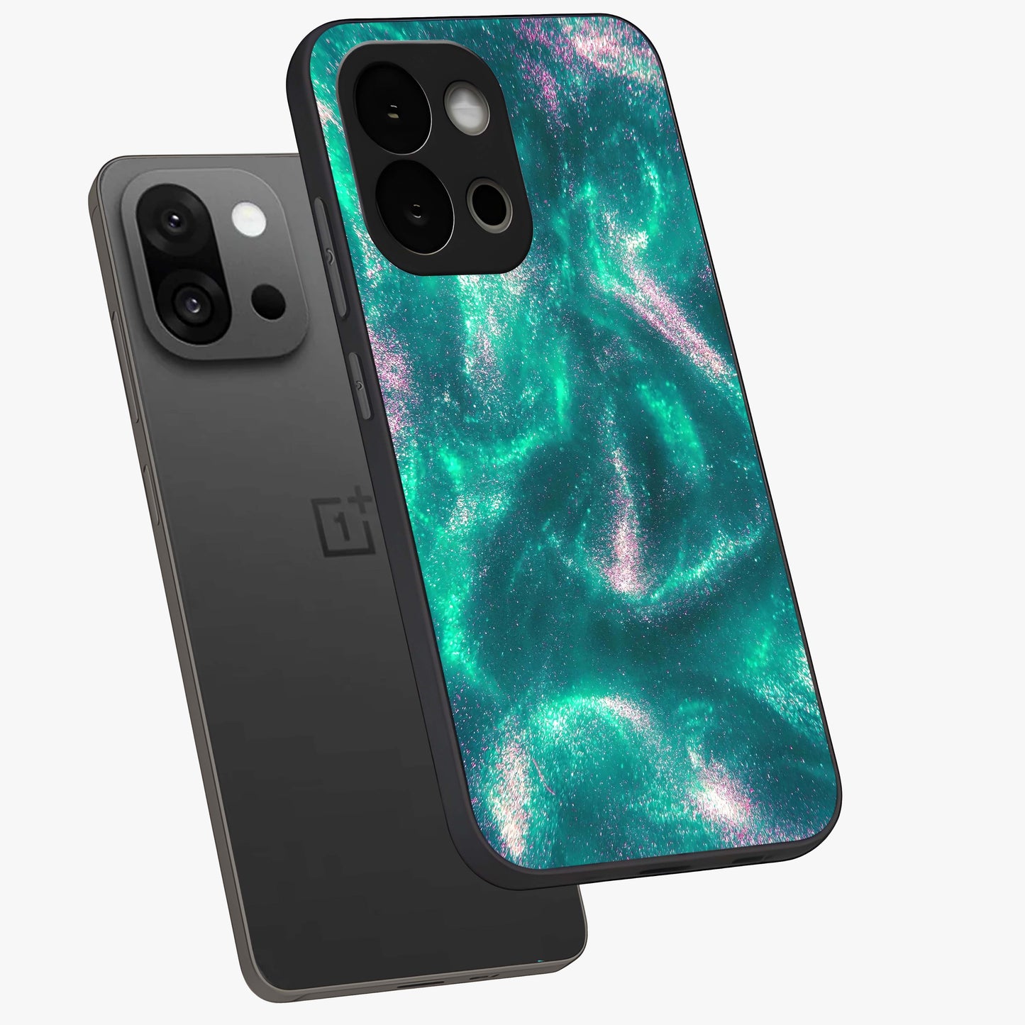 Shimmering Nebula Waves Glass Case for 1+13S angled mockup showcasing glossy finish and deep space gradients