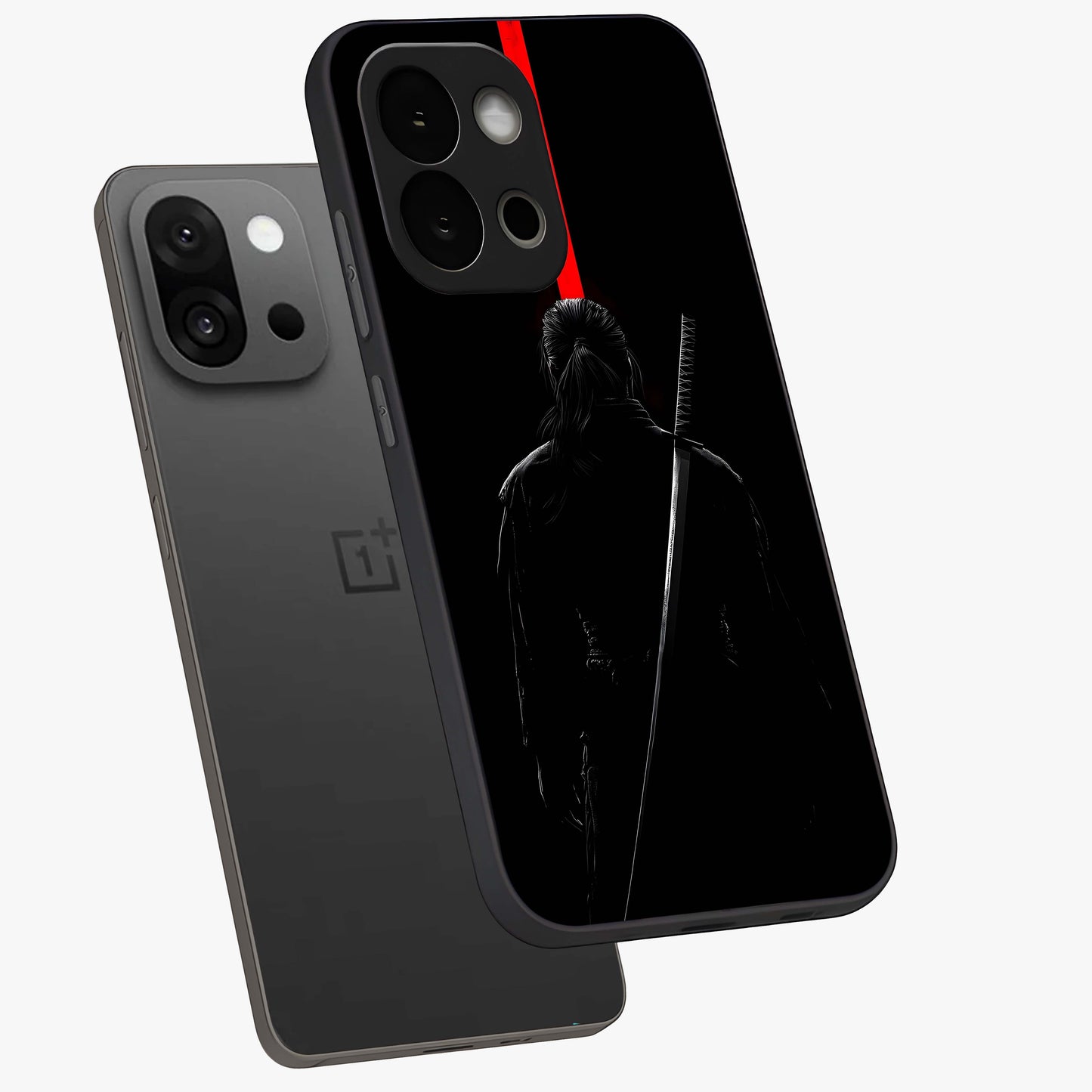 Silent Blade Resolve Glass Case for 1+13S angled mockup showcasing glossy finish and dramatic shadow detailing