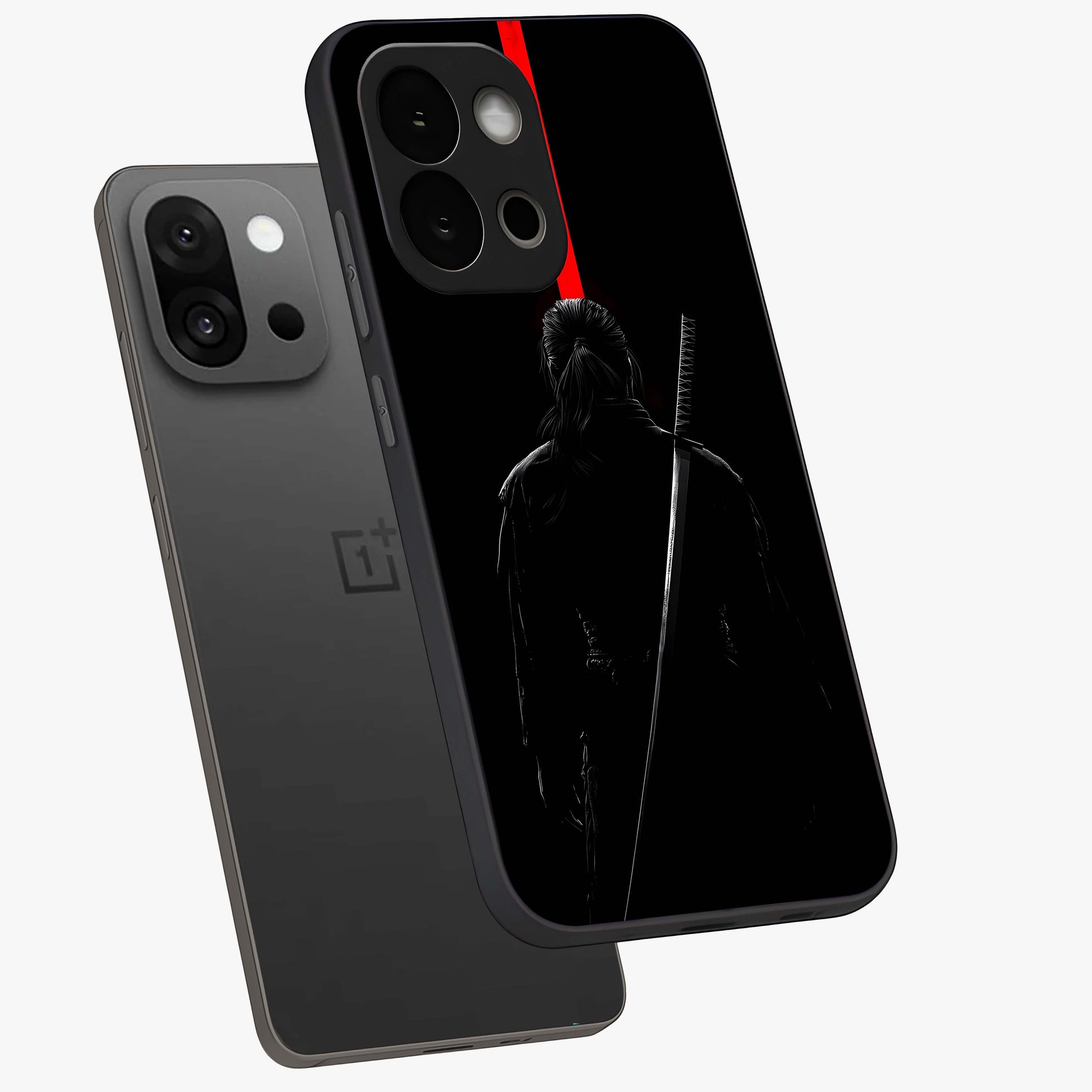 Silent Blade Resolve Glass Case for 1+13S angled mockup showcasing glossy finish and dramatic shadow detailing