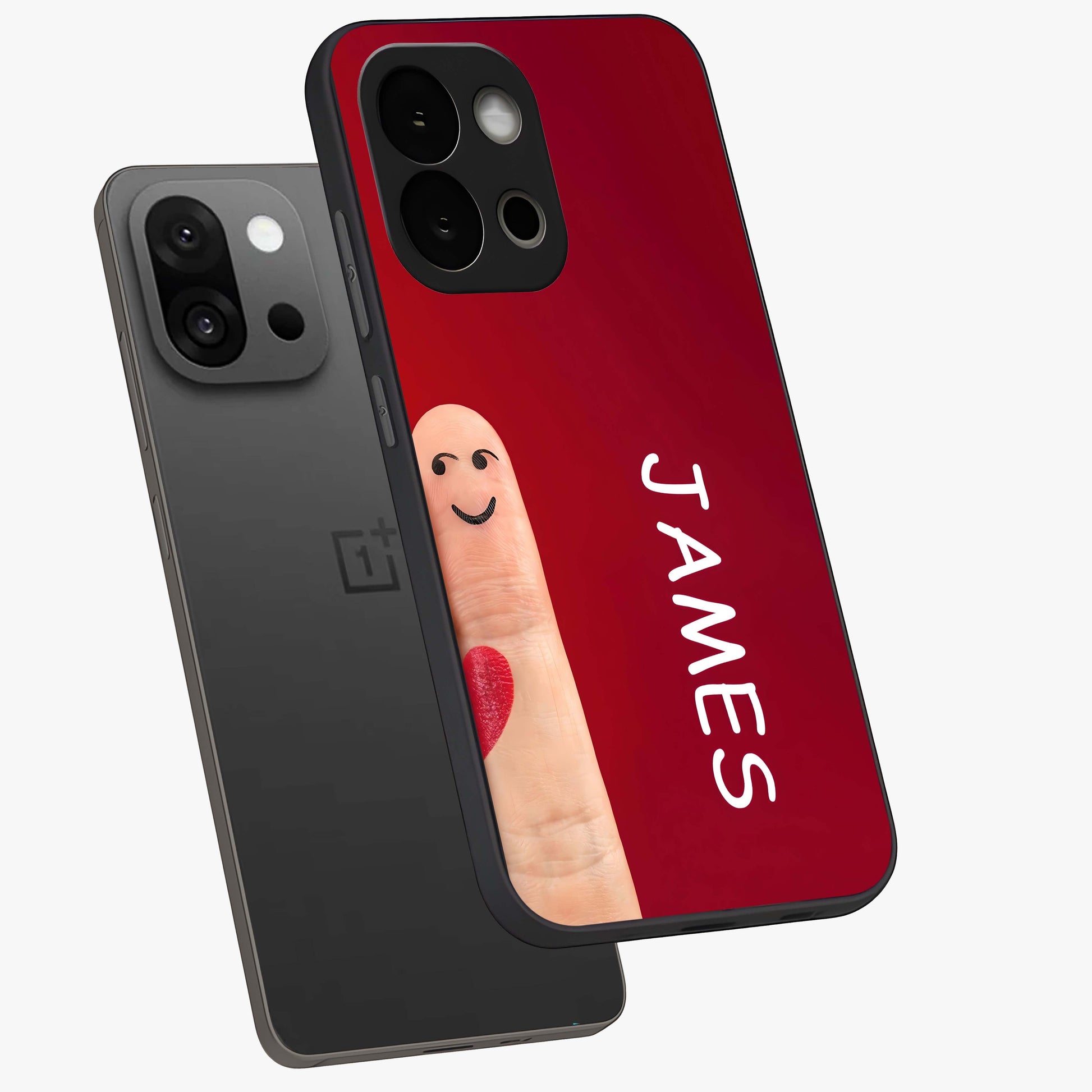 Smiling Heart Bond Glass Case for 1+13S angled mockup showcasing glossy finish and cheerful detailing