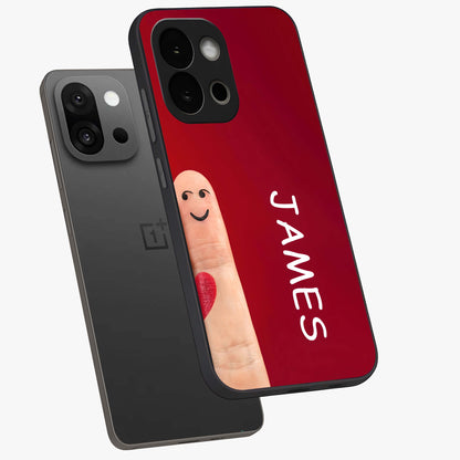 Smiling Heart Bond Glass Case for 1+13S angled mockup showcasing glossy finish and cheerful detailing