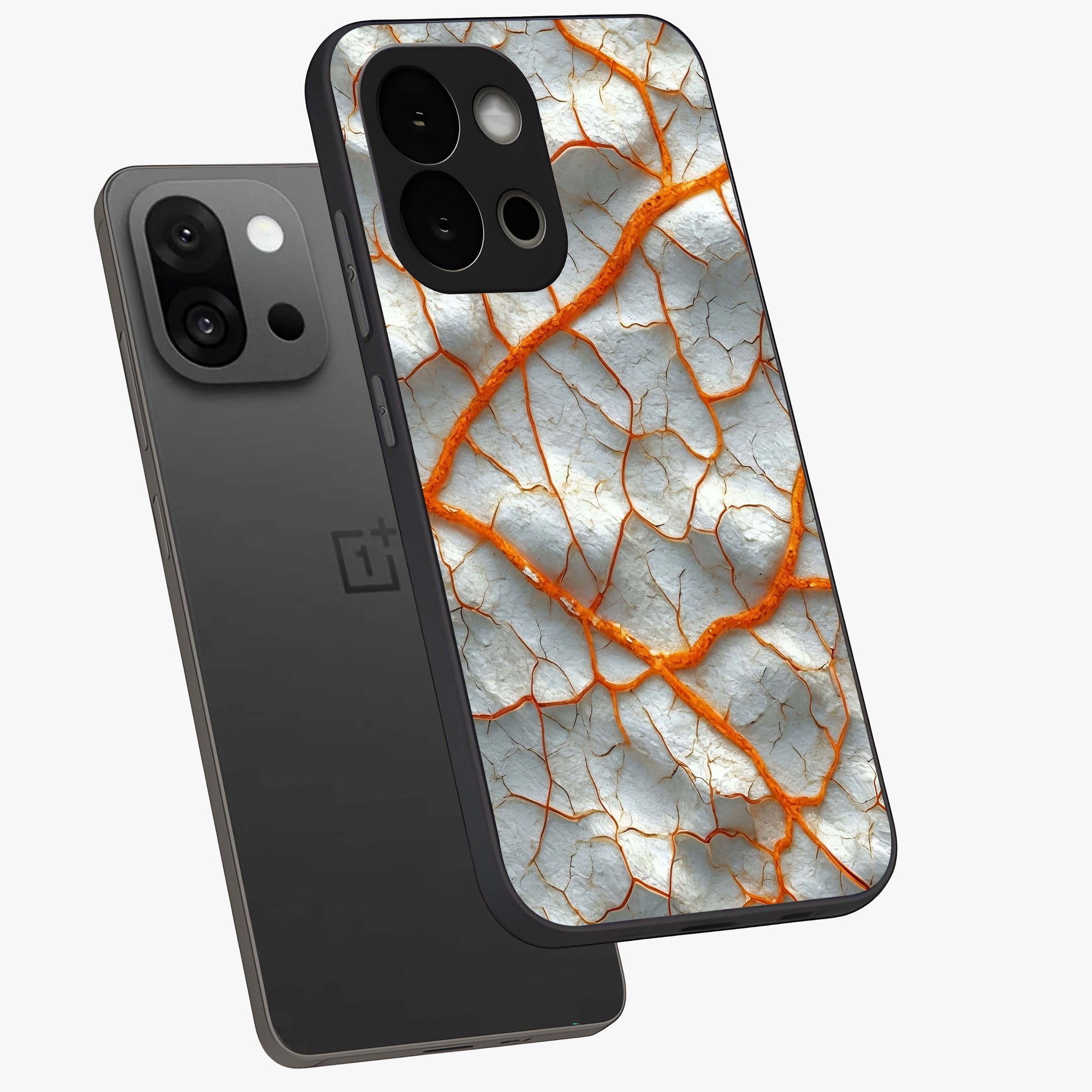 Snarl Zone Buzz Glass Case for 1+13S angled mockup showcasing glossy finish and high contrast detailing