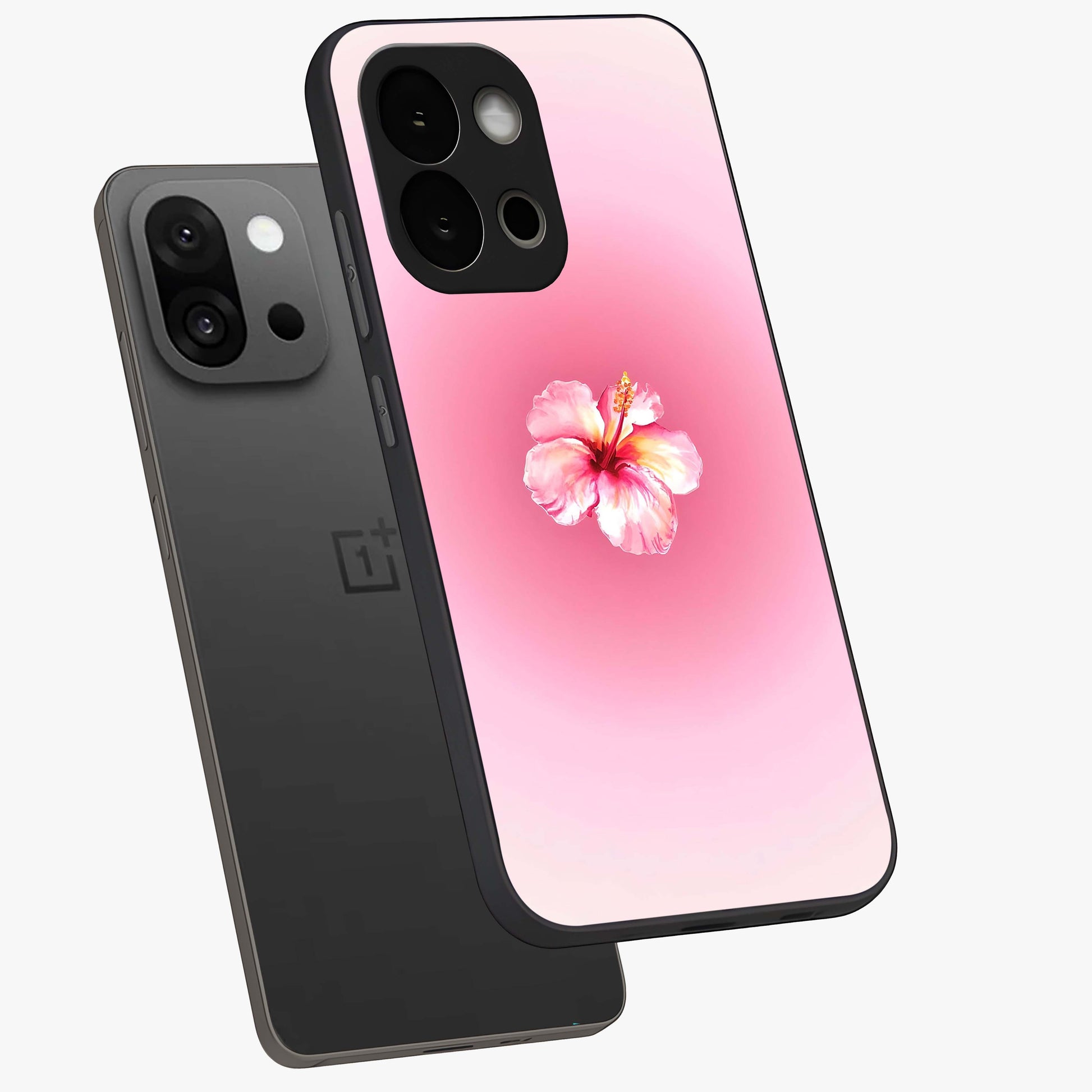 Soft Petal Serenity Glass Case for 1+13S angled mockup showcasing glossy finish and calming bloom detailing