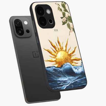 Solar Wave Bloom Glass Case for 1+13S angled mockup showcasing glossy finish and warm luminous tones