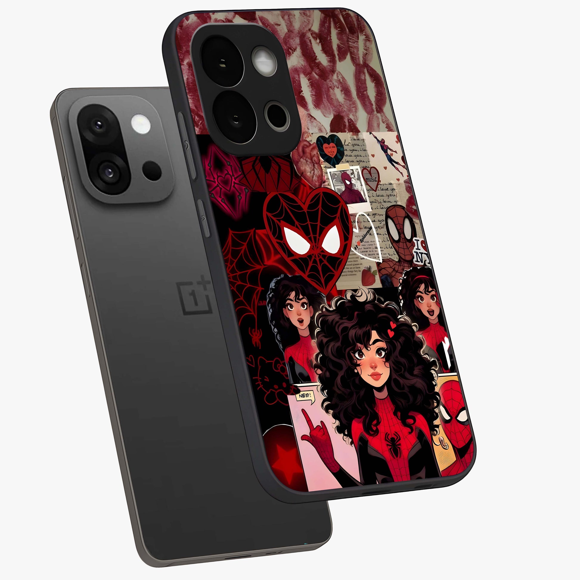 Spider Love Story Glass Case for 1+13S angled mockup showcasing glossy finish and vibrant comic style detailing