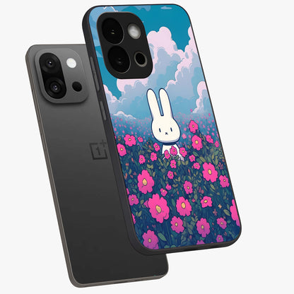 Springtime Blossom Bunny Glass Case for 1+13S angled mockup showcasing glossy finish and soft pastel tones