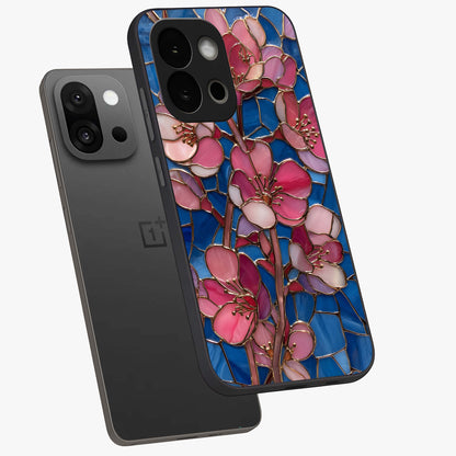 Stained Bloom Grace Glass Case for 1+13S angled mockup showcasing glossy finish and vibrant mosaic tones