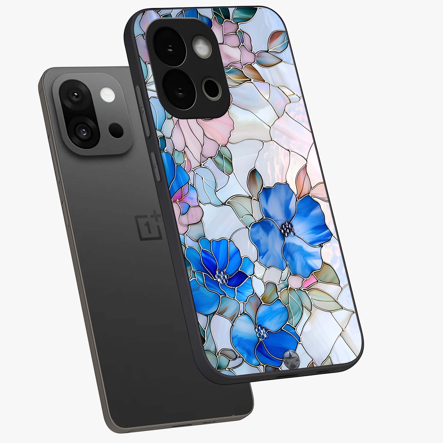 Stained Blue Floral Glass Case for 1+13S angled mockup showcasing glossy glass finish and rich sapphire tones